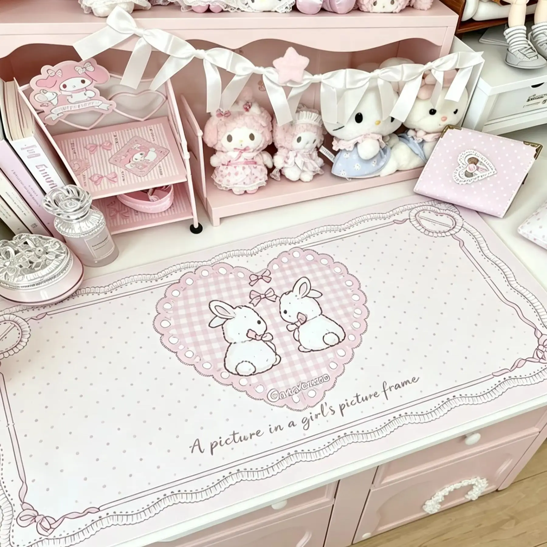 Leather Desk Pad Protector Pink Polka Dots Love Heart Bunny Y2K Rabbit Mouse Pad Office Desk Mat Non-Slip PU Desk Blotter Pad