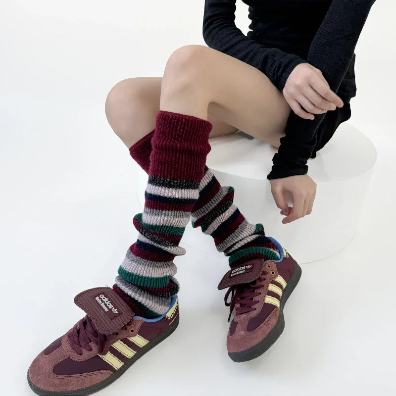 تدفئة الساق الصوف للنساء ، جوارب الركبة الدافئة ، على الطراز الامريكي ، JK مخطط غطاء القدم محبوك ، جوارب الرجعية ، الخريف والشتاء