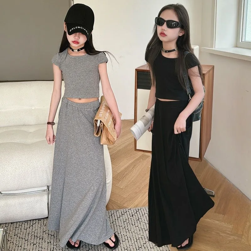 Summer Girls Children Set Short Sleeeve Teenager Black Grey Slim T Shirt Crop Tops + Long Loose Skirt 4 8 10 12 14 Years