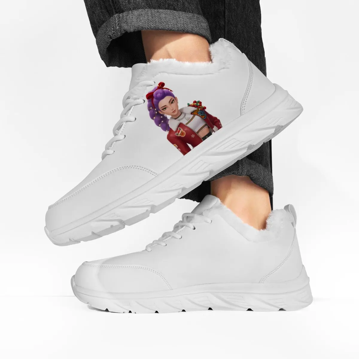 Sapatos casuais personalizados com forro de pele branca, calçados esportivos de inverno com personagem de desenho animado, tênis plataforma masculino, sapatos femininos da moda
