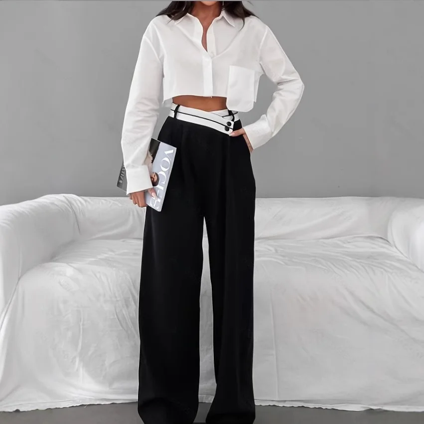 Elegant High Waist Wide Leg Pants Color Block Cross Waist Design Spring Summer New Arrival Women's Fashion Commute Style