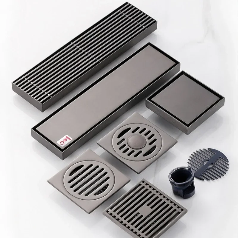 Grey stainless steel odor proof floor drain -8X30cm, rectangular concealed design, bathroom/kitchen 10x10cm square floor drain