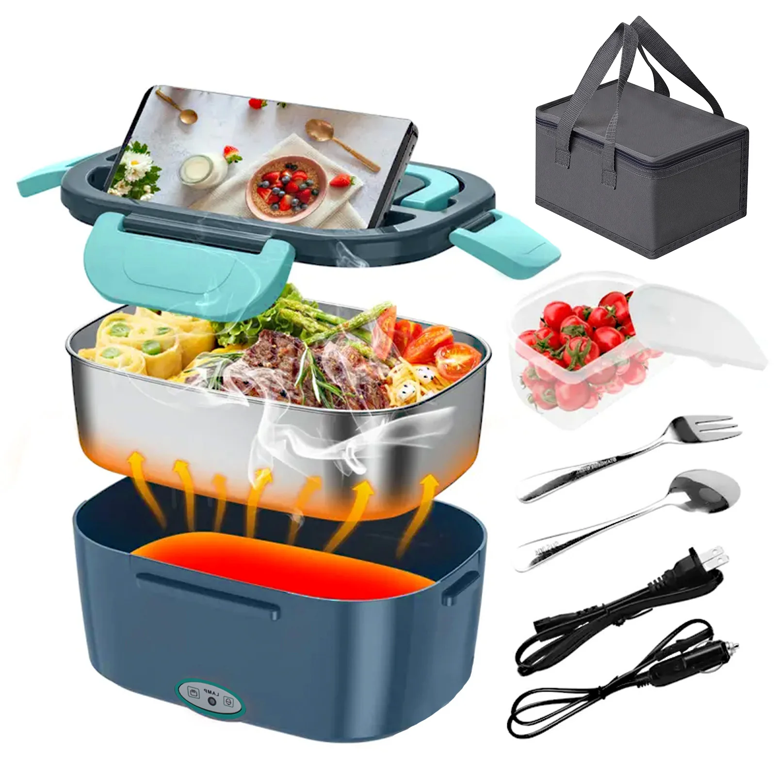 100W Electric Heating Lunch Box 1.5L, 304 Stainless Steel Portable Food Warmer Heater with Insulated Carry Bag, Spoon & Fork, Dual Use for Car 12V / Home 110V Office Travel Meal Container view 3