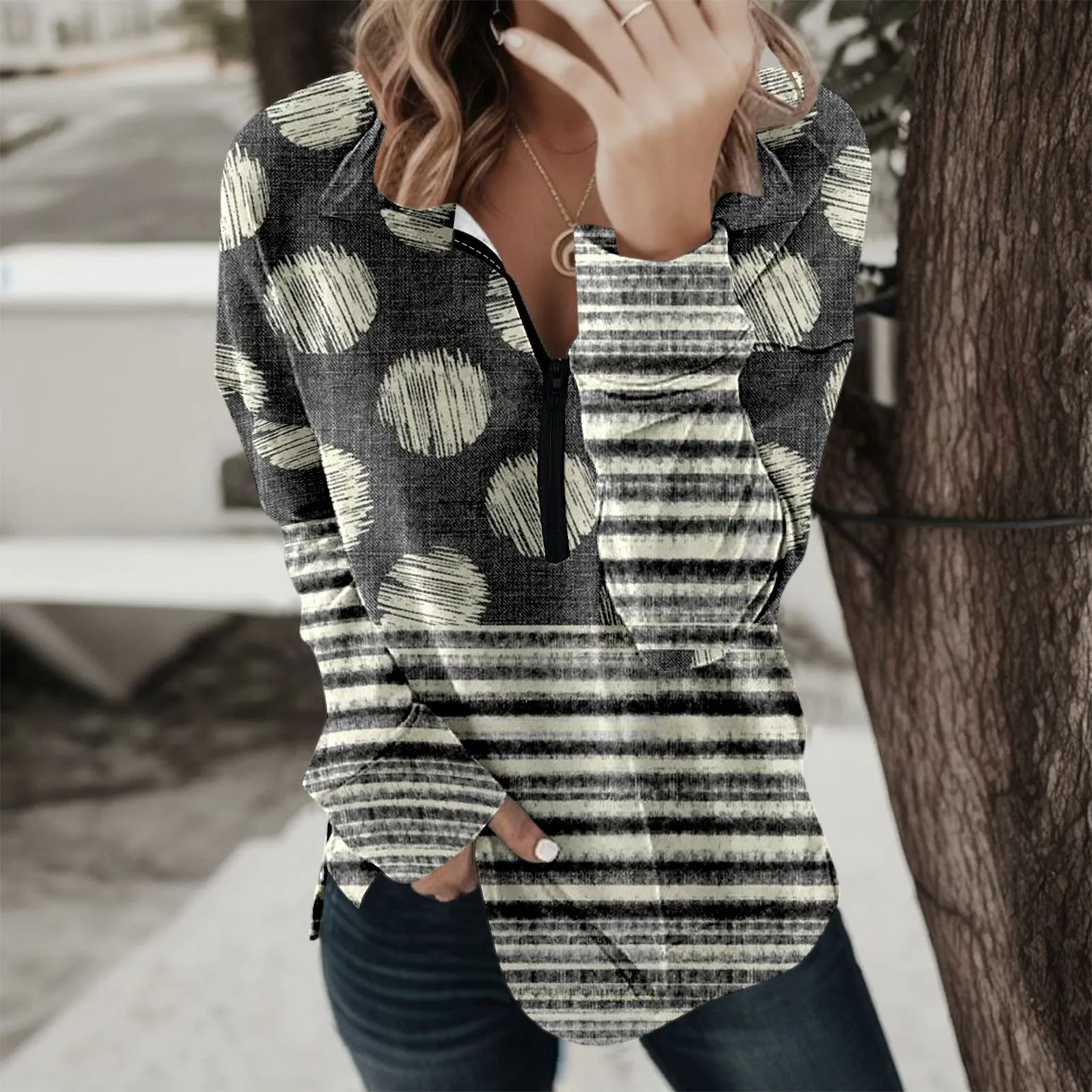 Autumn Hoodies Female Vintage Printed O Neck Zipper Long Sleeve Pullover Thin Chic Women Sweatshirts Office Tops Streetwear