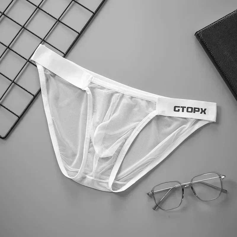 

Мужские сетчатые прозрачные трусы-брифы из ледяного шелка, ультратонкие, быстросохнущие, танга, эротические, с низкой посадкой, с U-образным выпуклым карманом