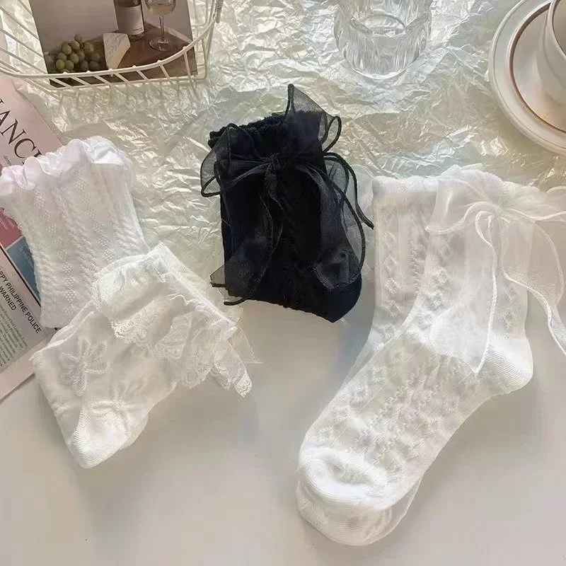 Sweet Lace Ruffle Socks Kawaii Lolita Short Socks Solid Color Cotton Socks JK Japanese Lacework Stockings Women's Stockings