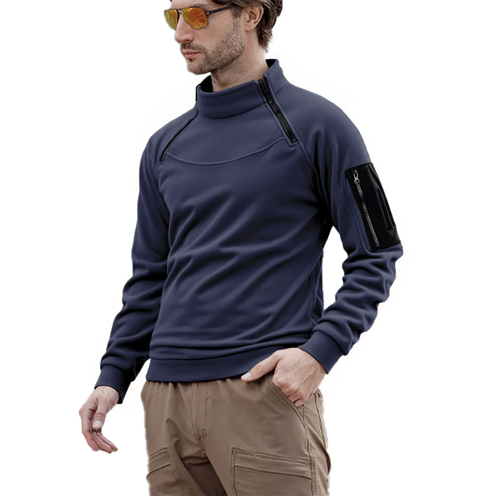 Sweat-shirt chaud et épais pour hommes, polaire d'extérieur, respirant, tactique, fermeture éclair, col debout, manches longues, décontracté, couleur unie, hiver