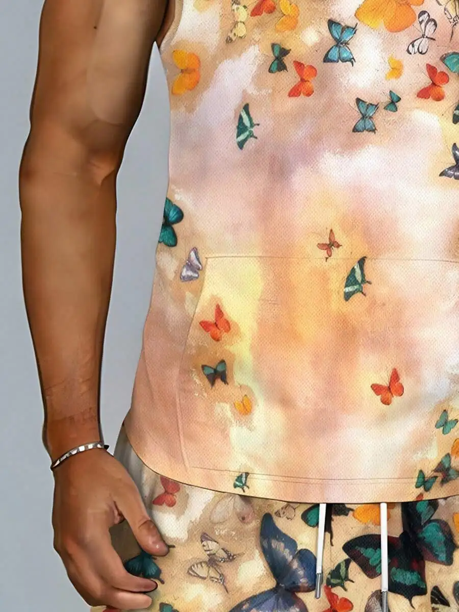 

Mens Hooded Vest And Shorts Set With Gradient Butterfly Print Pocket Drawstring Breathable Quick Dry Loose Fit