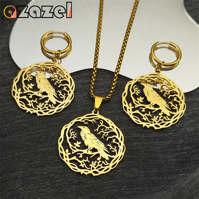 Gothic Gold Color Crow Tree Of Life Bird Necklace Earrings Set For Women Men Stainless Steel Raven Plant Jewelry Party Gift