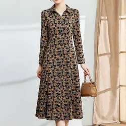 Vintage Broken Flowers Printed Midi Dress Female Clothing Turn-down Collar Button Spring Autumn A-Line Waist Long Sleeve Dresses