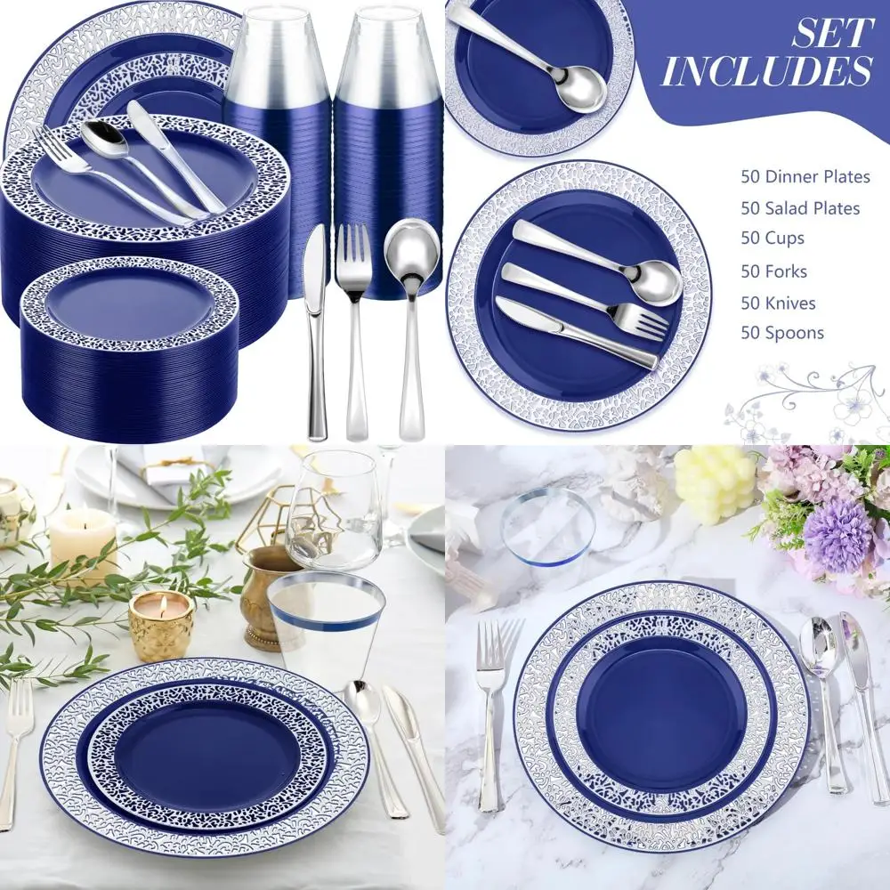 

Набор одноразовой посуды: пластиковые тарелки, столовые приборы и чашки на 300 предметов на 50 гостей.