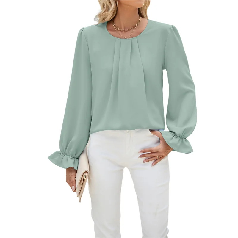 ABRT-レディース ソリッドカラー ラウンドネック 長袖 ルーズ シフォン シャツ トップス ファッショナブルでエレガントなプルオーバー トップス