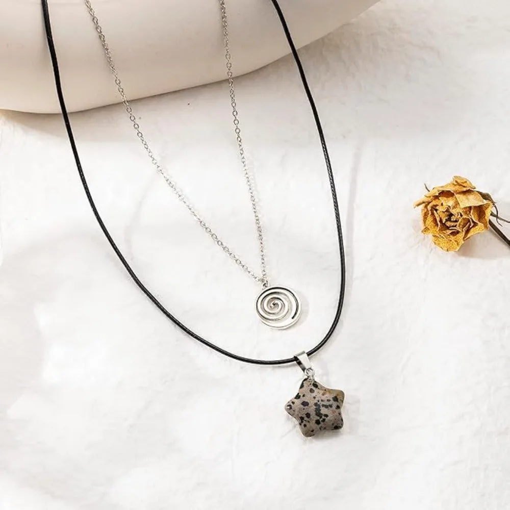 Gothic Punk Natural Star-shaped Stone Vortex Pendant Necklace Set for Women Men Y2k Beach Collarbone Chain Stacked Jewelry Gifts