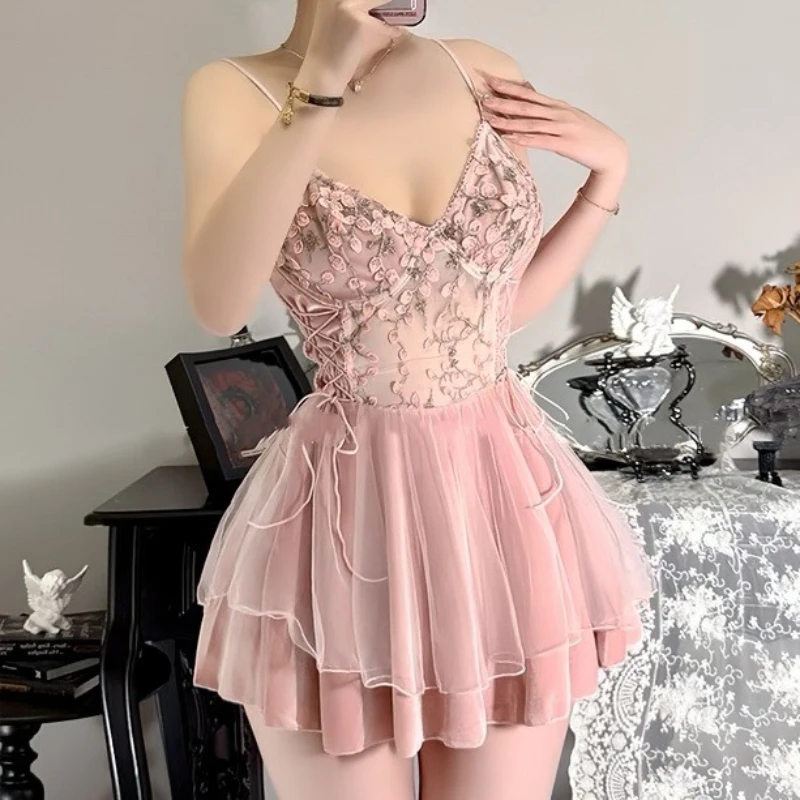 

Сексуальное женское белье, сетчатая ночная рубашка Pure Desire, женские костюмы, ночная рубашка на подтяжках, пижама с открытой спиной, домашний наряд, розовый