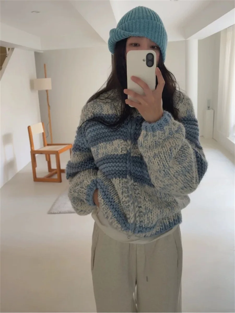 

Теплый зимний кардиган с воротником-молнией из смесовой пряжи (хлопок/полиэстер) с низким содержанием насыщенных цветов, вязаный, модная верхняя одежда