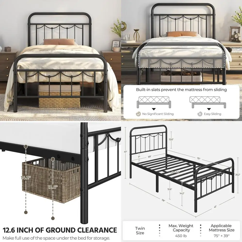 

Vintage Farmhouse Style Twin Metal Bed Frame with Headboard and Footboard, Heavy Duty Steel Slat Support Platform Bed for Durabi