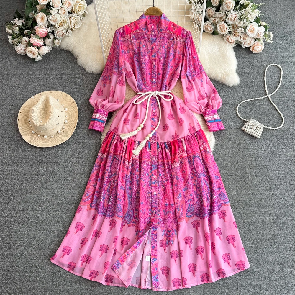 

Royal Style Women Long Dress One Breasted Lantern Sleeve Slim A-Line Maxi Dresses Vintage Printed Female Frocks 2023 Autumn New