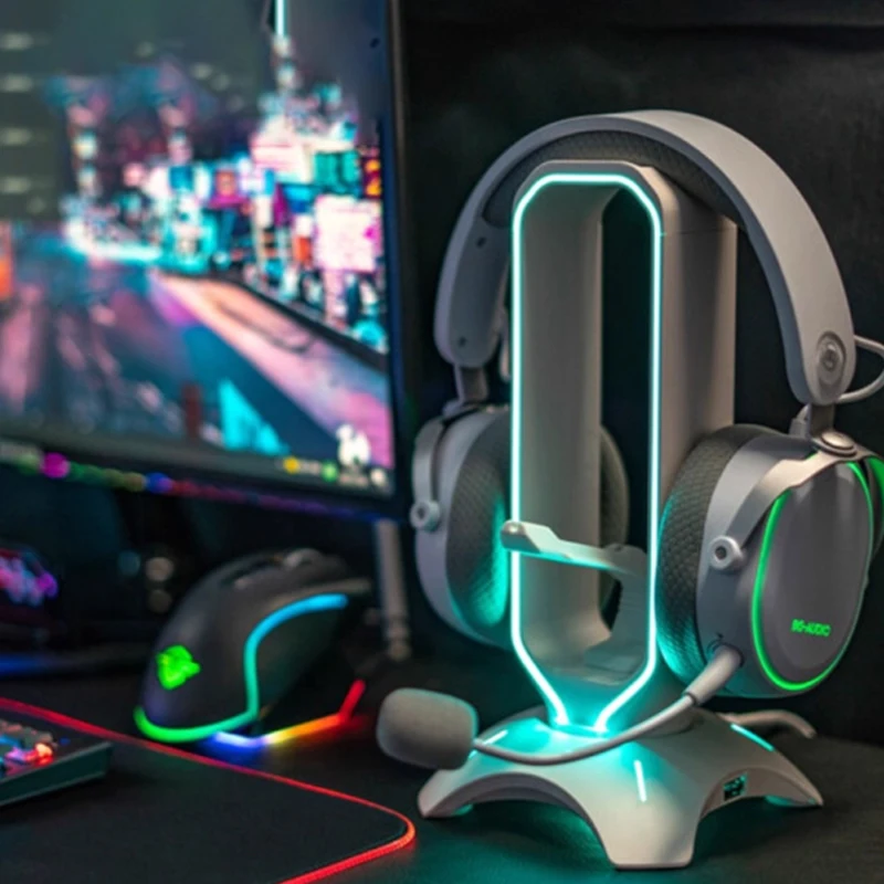 RGB Headset Stand with Mouse Bungee Cord Holder Gaming Headphone Stand with 2 USB Ports Over-Ear Headset Holder for Desk Display view 2