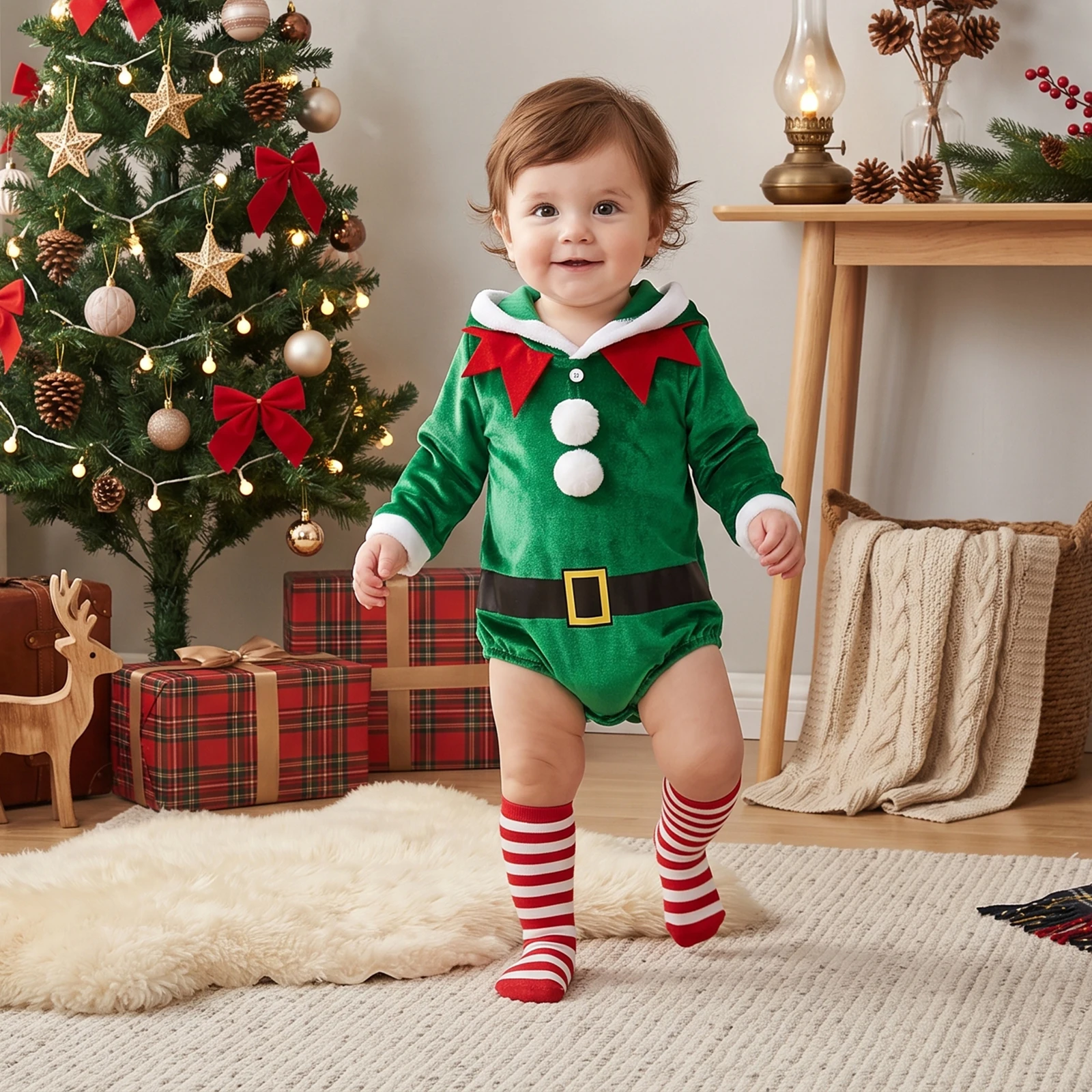 Infant Baby Boy Girl Christmas Santa Claus Costume Long Sleeve Hooded Romper with Socks Set Fall Winter 0-18 Months