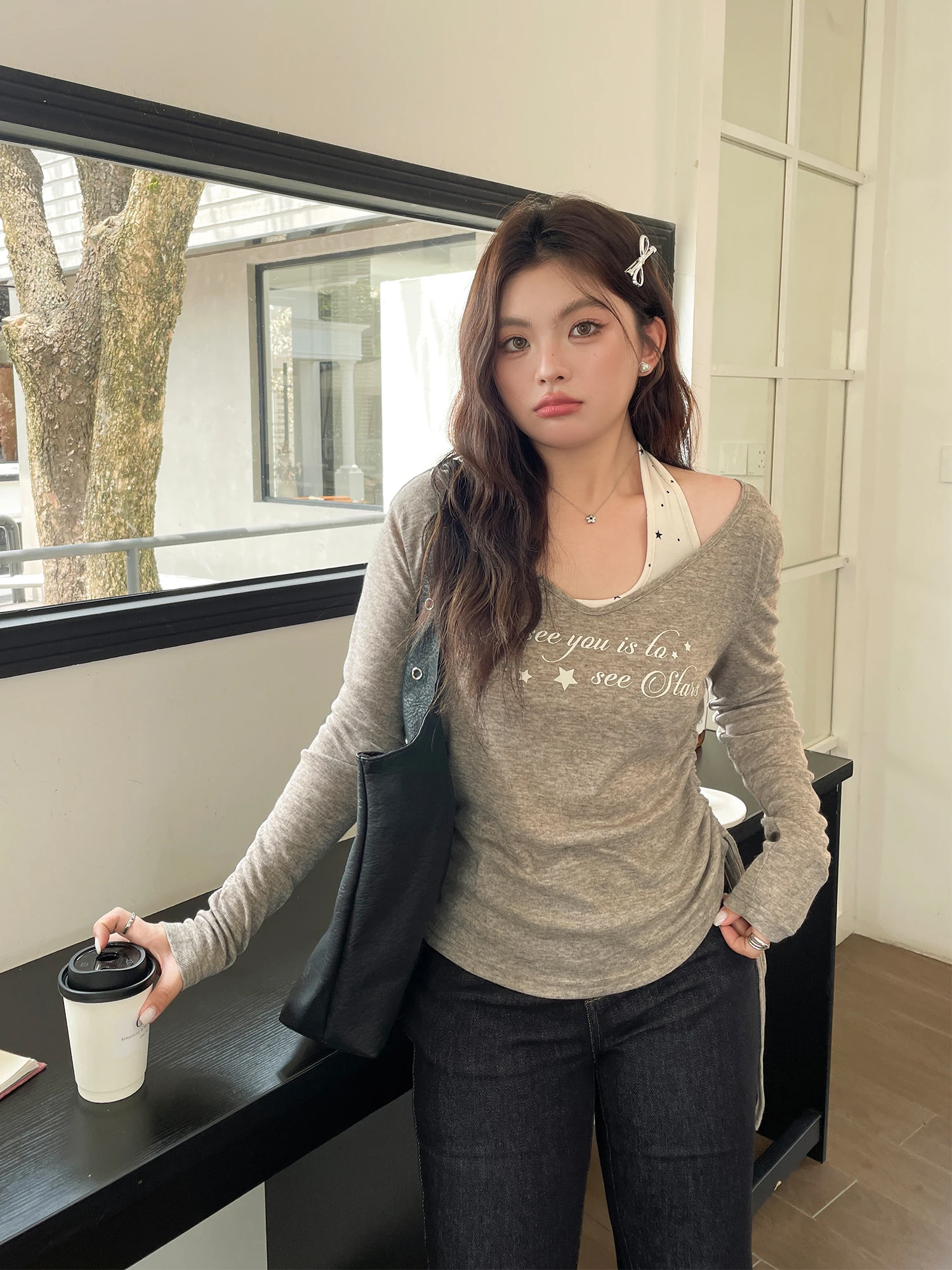 

Slimming Two-Piece Set Top And Bot Casual Sle Long Sve Ne Hanging Waist-Cinching Autumn Faion plus Size Women