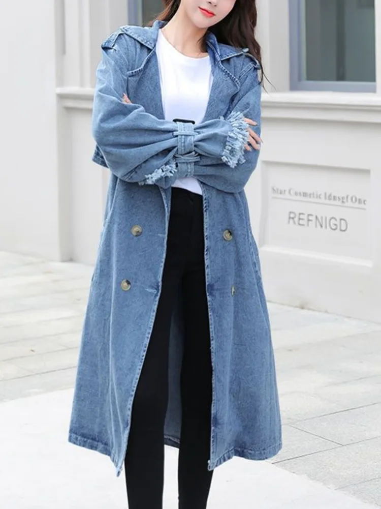 Manteau semi-long en denim bleu avec ceinture pour femme, coupe-vent effiloché, manches longues, vintage, décontracté, printemps, automne, 2023