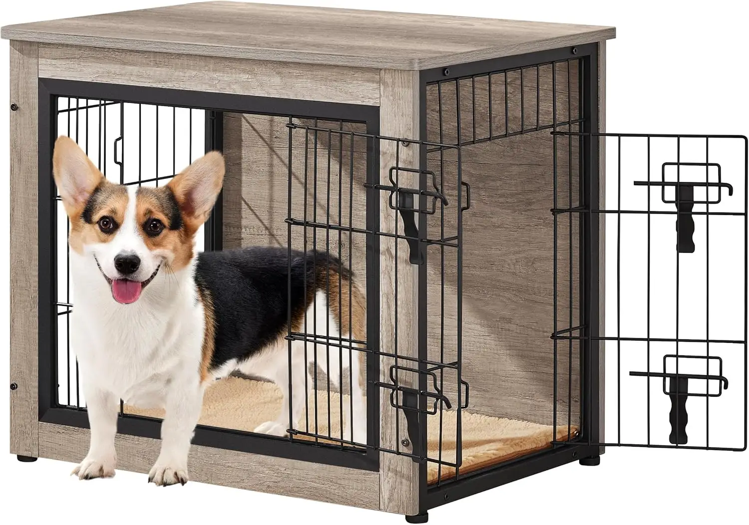 

Wooden Dog Crate with Cushion & Double Doors, Adjustable Feet Side Table for Small/Medium Dogs, Greige