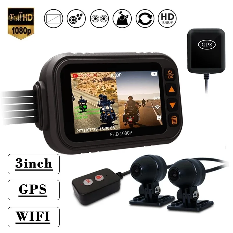 3 Inches Motorcycle GPS 1080P Dashcam With WIFI Waterproof Dual Lens Motorcycle Black Box Night Vision Video Recorder Dash Cam