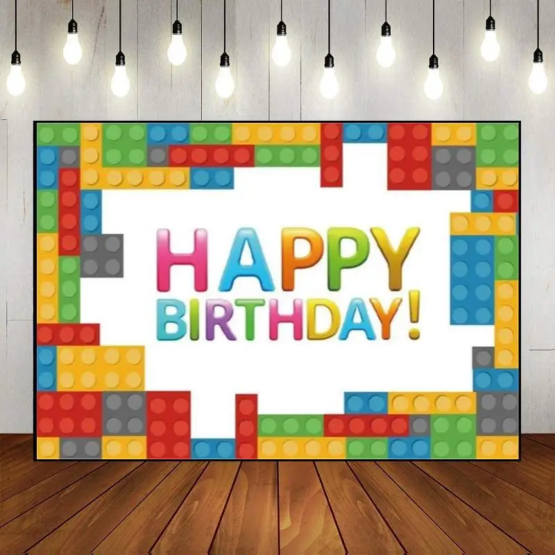 Banner Party Wall Backdrop Photography Decoration Happy Birthday Colorful Building Blocks Background Custom Baby Shower Photo