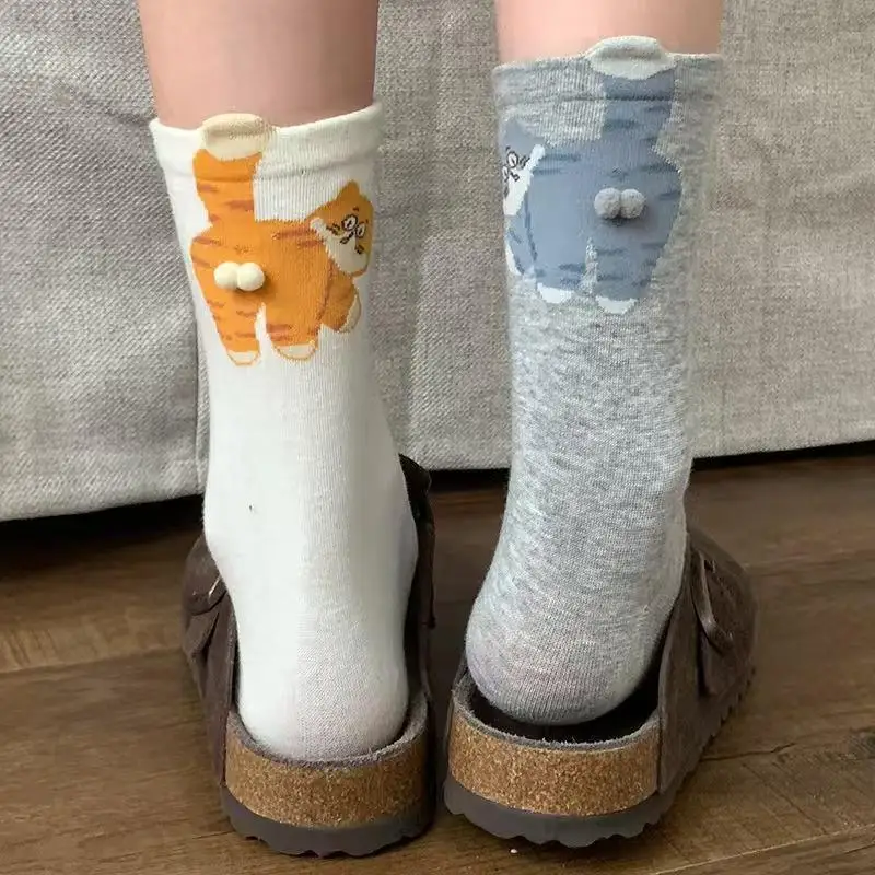 {NN72} 1 Paar atmungsaktive Katzen-Mittelsocken, Cartoon-Stil, niedliche Katzen-Plüschbälle, Polyester-Baumwollsocken, originelle Geschenke für Katzenliebhaber