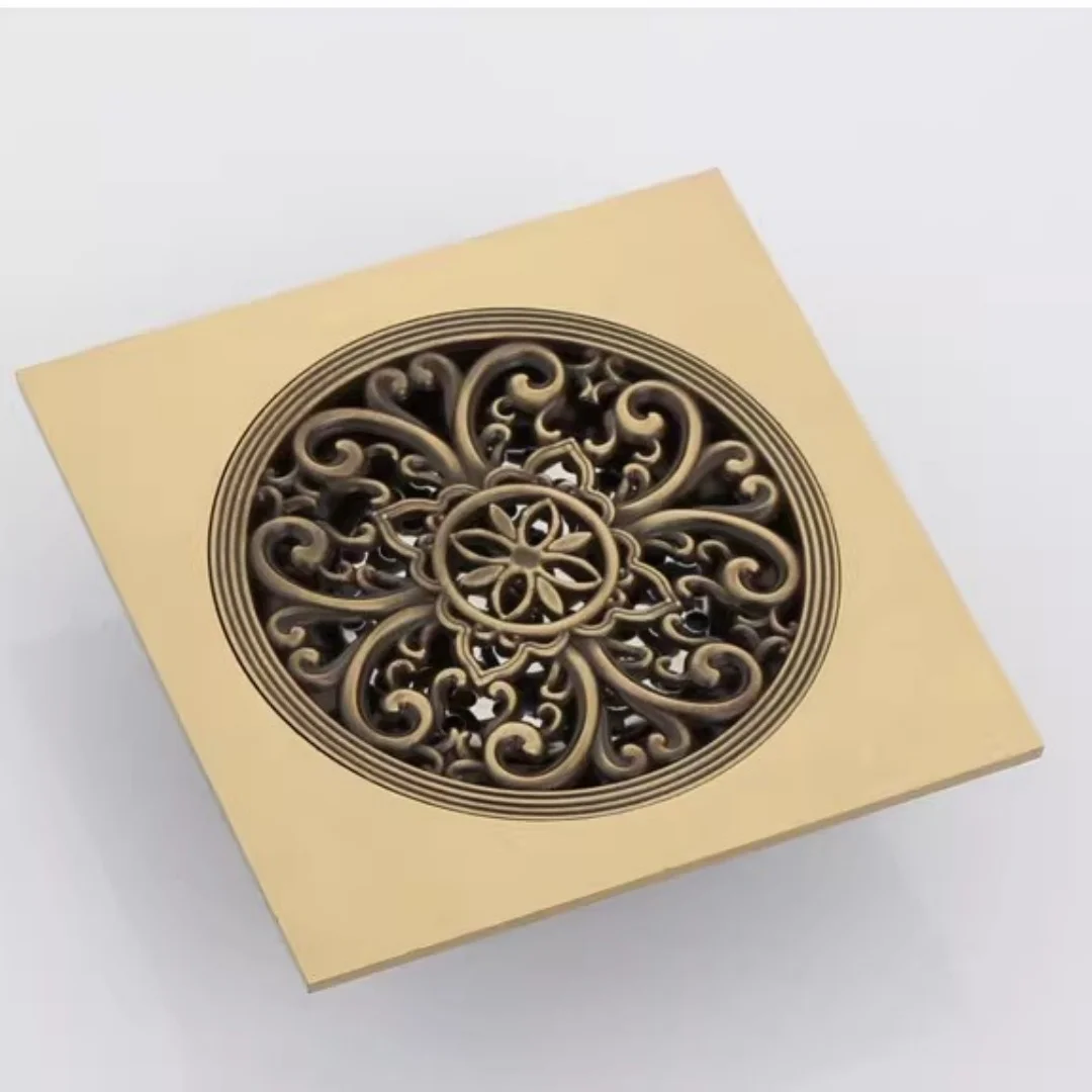 15X15 CM Floor Drains Antique Bronze Brass Shower Floor Drain Bathroom Deodorant Square Floor Drain Strainer Cover Grate Waste