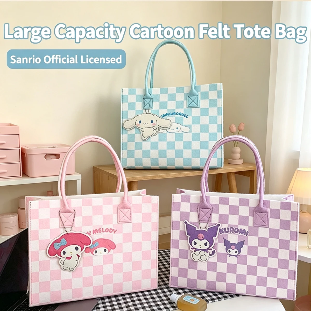 Cartoon Sanrio Characters Felt Tote Bag Kuromi My Melody Cinnamoroll Large Handbag Reusable Storage Shoulder Bag for Women