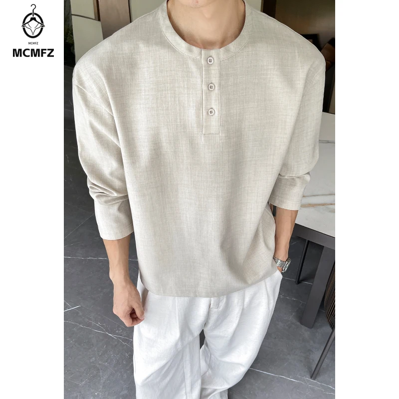 Breathable Henley Neck Long Sleeve Pullover Male Textured Fabric Three Button Placket Light Autumn Daily Top