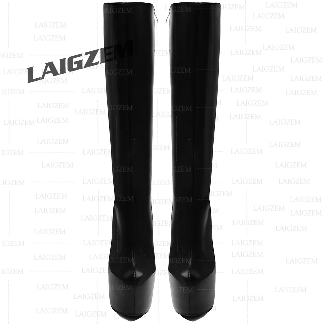 LAIGZEM Women Knee High Boots Platform Thin High Heels Side Zip Tall Boots Handmade Ladies Shoes Woman Big Size 39 42 43 48 52