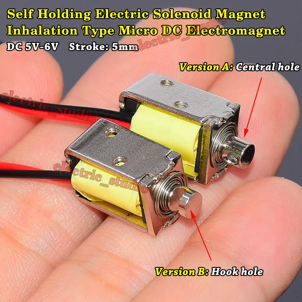 DC 5V~6V Mini DC Solenoid Electromagnet Self-holding Suction Type 7.2ohms Micro Electric Magnet Central Hole/Hook Hole