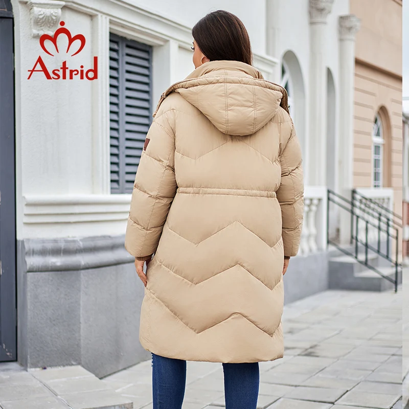 Astrid-jaqueta de inverno para as mulheres, tamanho grande, longo, grosso, quente, capuz, acolchoado, parka, cintura, magro, 30193, 2023