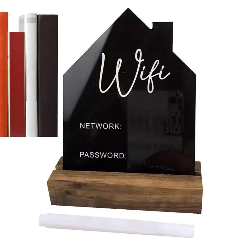 Acrylic WiFi Password Sign with Wooden Base and Erasable Pen Creative House Shape Handwriting Board Decoration for Family Office