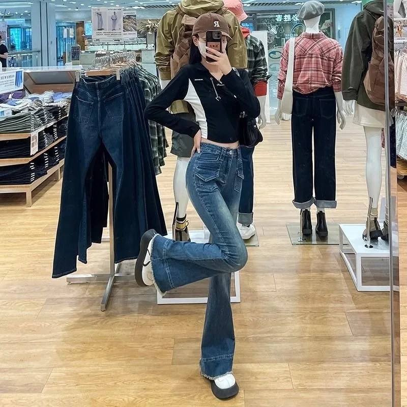 

American High Street Vintage Pocket Design Jeans New Y2K Subculture Bell-bottom Pants Women's Harajuku Fashion Clothing Pants