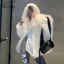 Trend ige Kapuze Faux Fox Pelz mäntel super warme Winter pelzige Jacke Frauen Streetwear Plüsch Kleidung lose lässige weißere Chaquetas