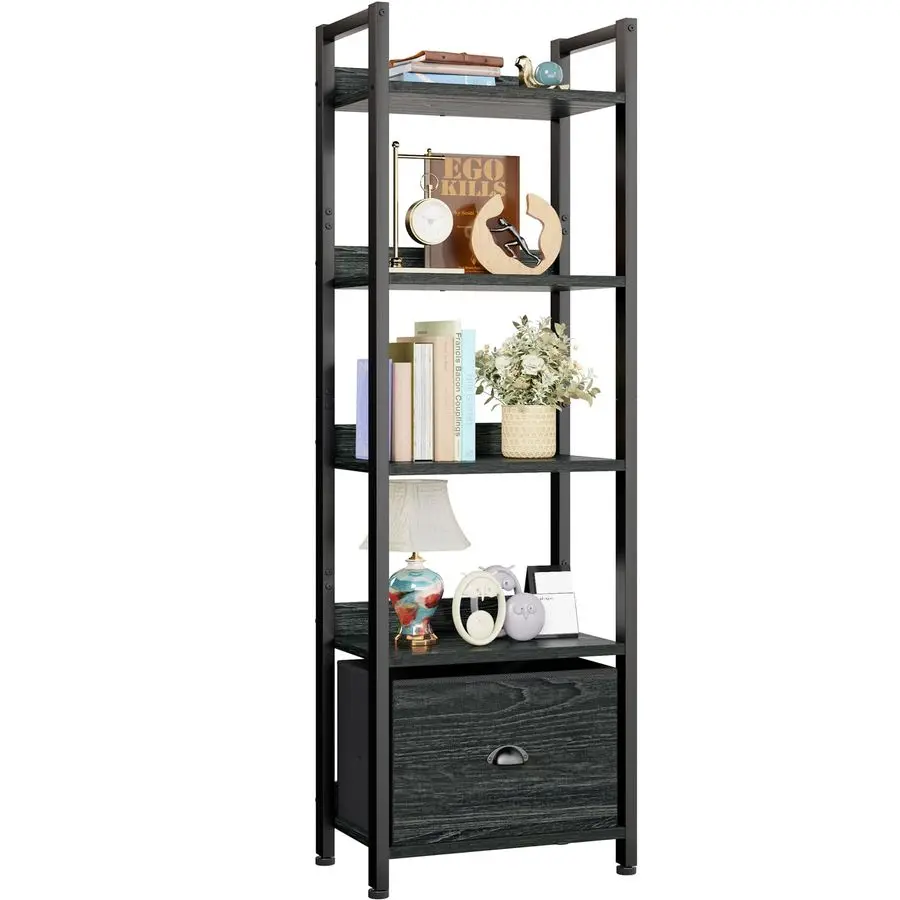 

5 Tier Bookshelf with Drawer, Kitchen Bakers Rack with Storage, Tall Narrow Bookcase, Industrial Free Standing Display Shelf, Wo