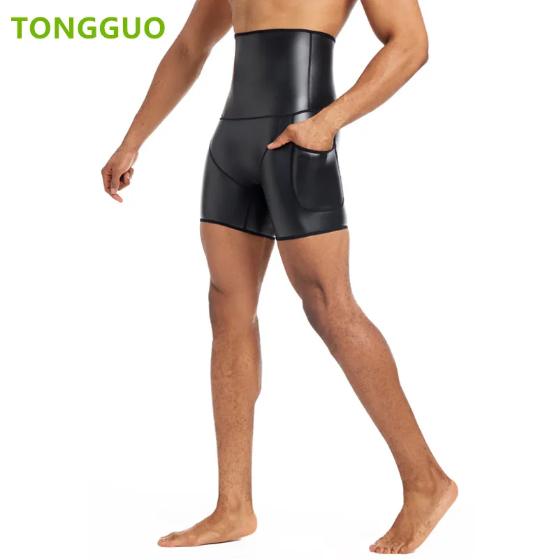 

Крутой парень, новые модные шорты из искусственной кожи, формирователь талии, тренажер для талии, трусики с высокой талией, кожаные брюки для фитнеса с карманами