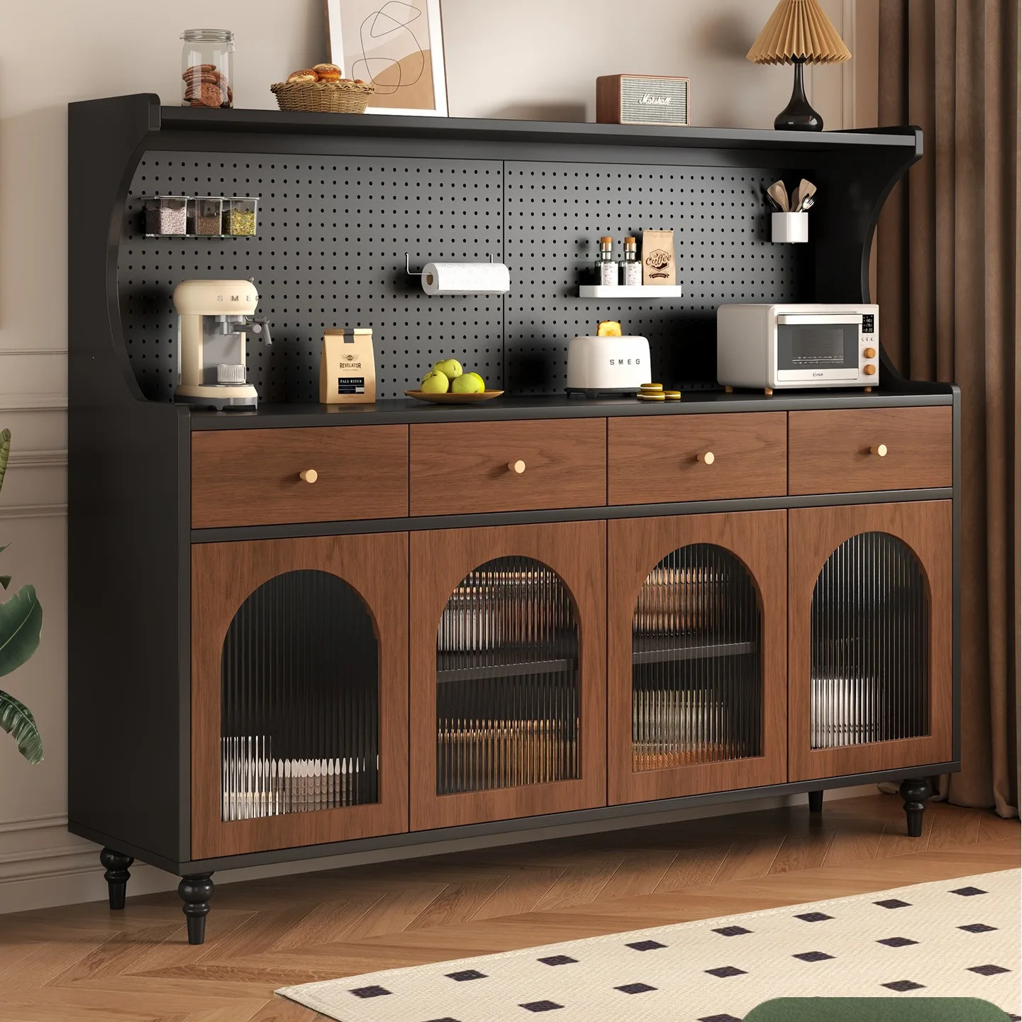 Medieval retro style dining side cabinet integrated against the wall household living room kitchen hole board storage rack tea a