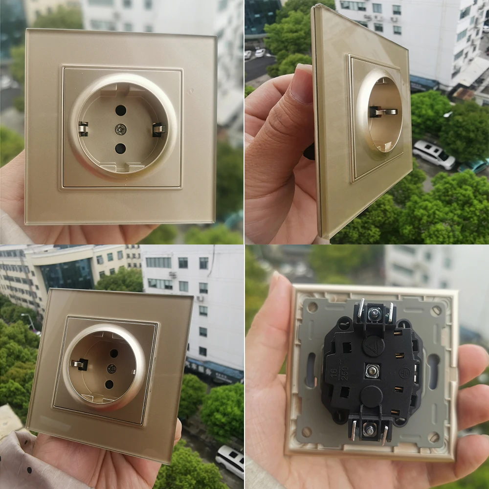 COSWALL Panel de vidrio dorado interruptor basculante de pared enchufe Schuko UE cargador USB tipo A y C módulo de TV por satélite de Internet DIY