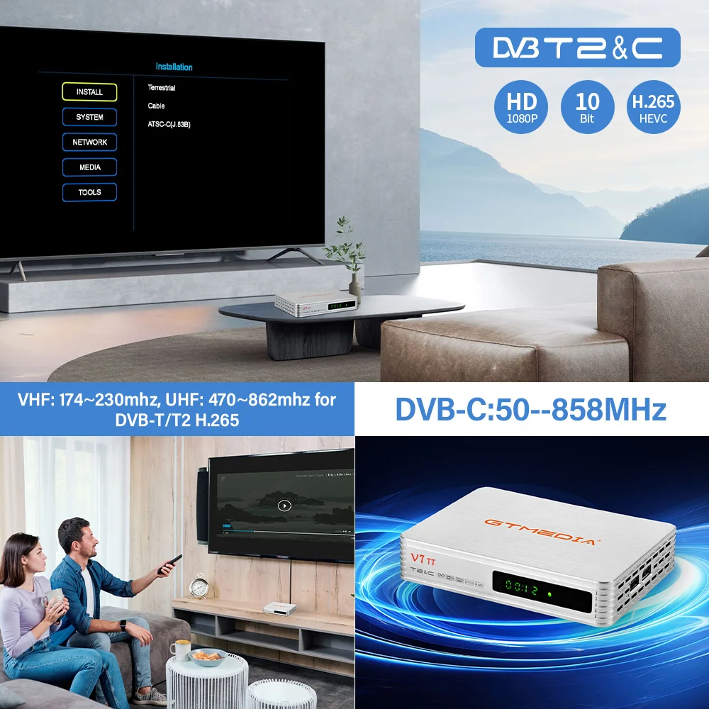 GTMEDIA V7 TT مستقبل التلفزيون TDT HD اسبانيا 2024 DVB-T2 استقبال التلفزيون الأرضي H.265 HEVC 10Bit ، دعم وحدة فك ترميز CCAM مع USB WIFI