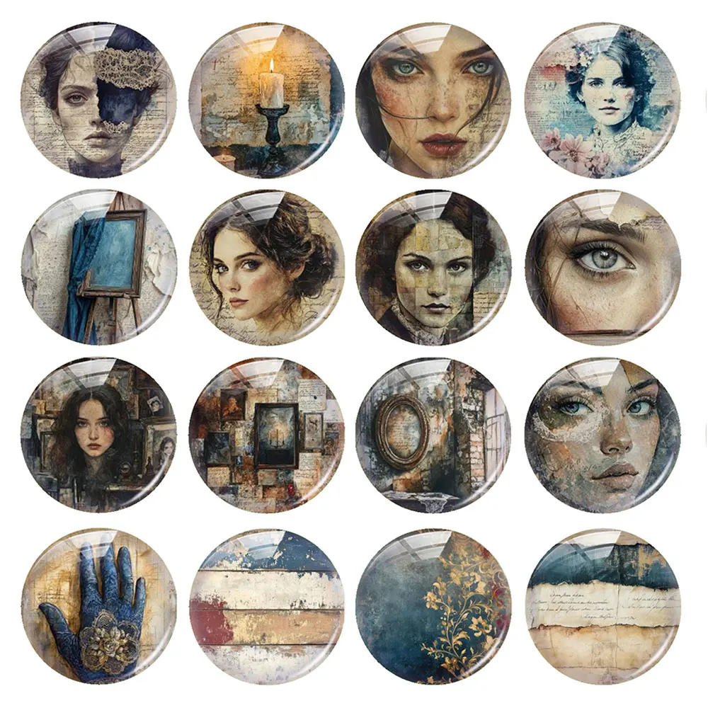 Random Mixed Round/Oval/Square Retro Collage Texture Portrait Photo Glass Cabochon Flatback Demo Cameo For Diy Jewelry Making