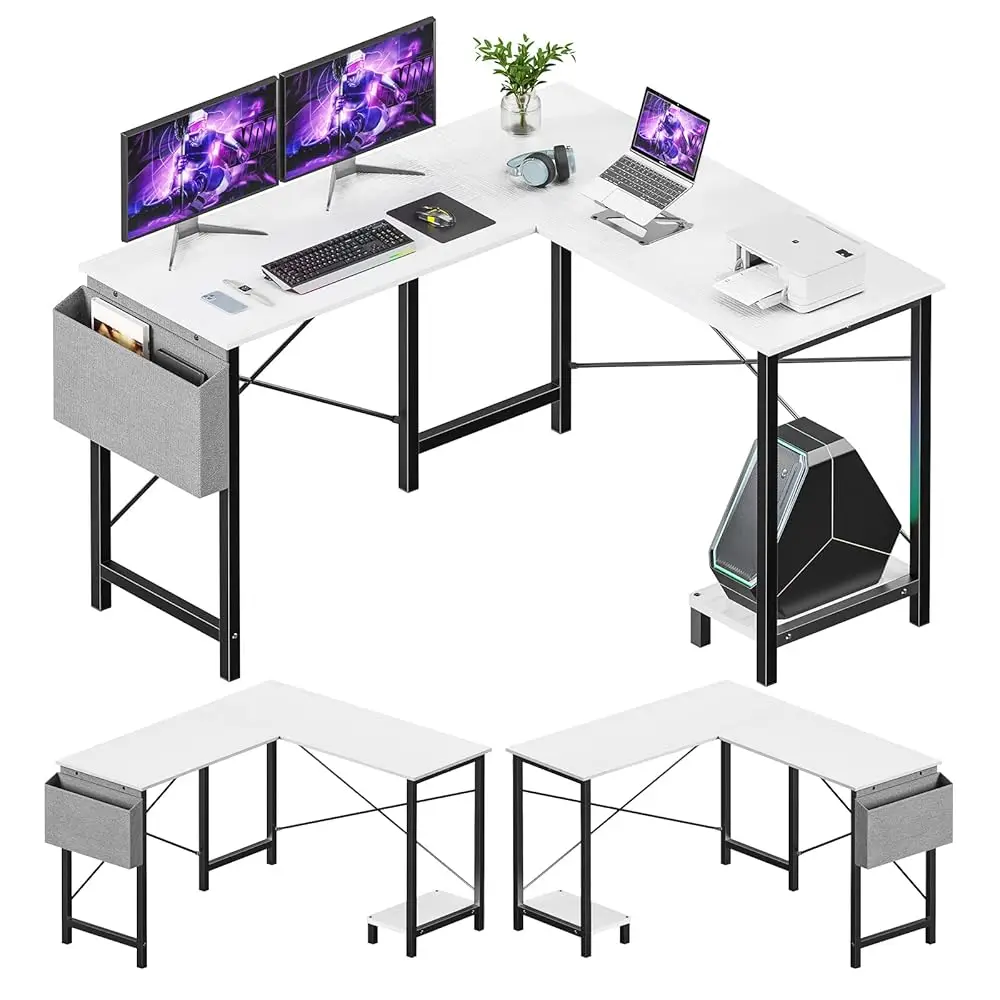 

L Shaped Computer Desk - Gaming Corner 50 H Pc White Writing Study Student Table With Wooden Desktop Cpu Stand Side Bag