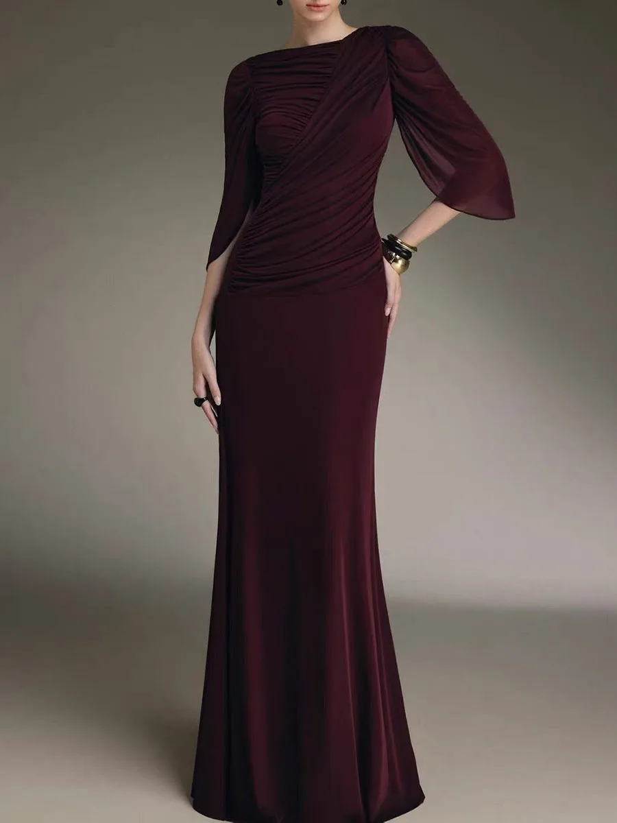 TWOTWINSTYLE Solid Spliced Ruched Slim Maxi Dress for Women Round Neck Half Sleeve Patchwork Zipper Dresses Female Fashion Style