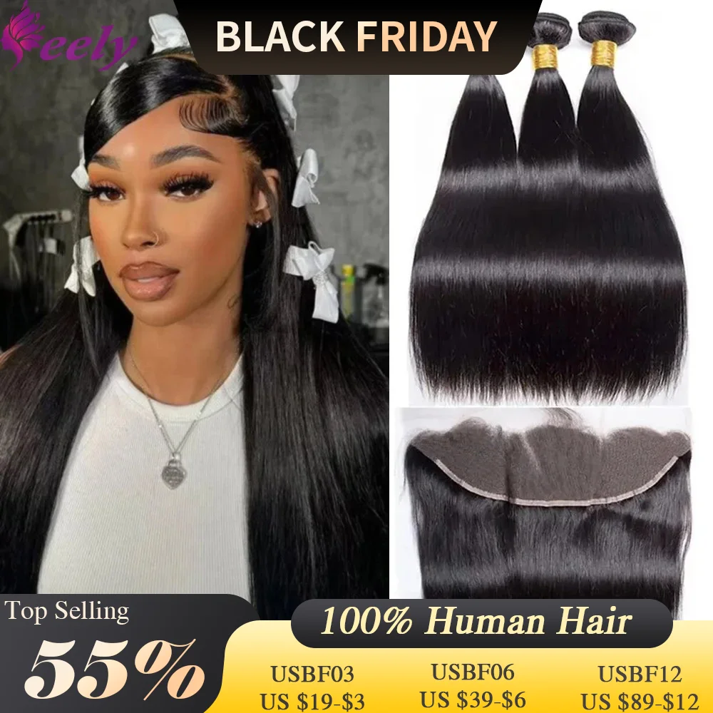 Frontal de encaje negro Natural 13x4 con mechones de cabello humano extensiones de cabello humano liso Remy brasileño con extensiones de tejido de cierre