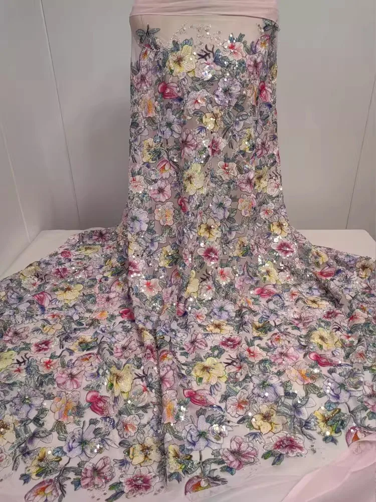 

Colorful Large Flower Embroidery Colorful Sequins Lace Mesh Fabric