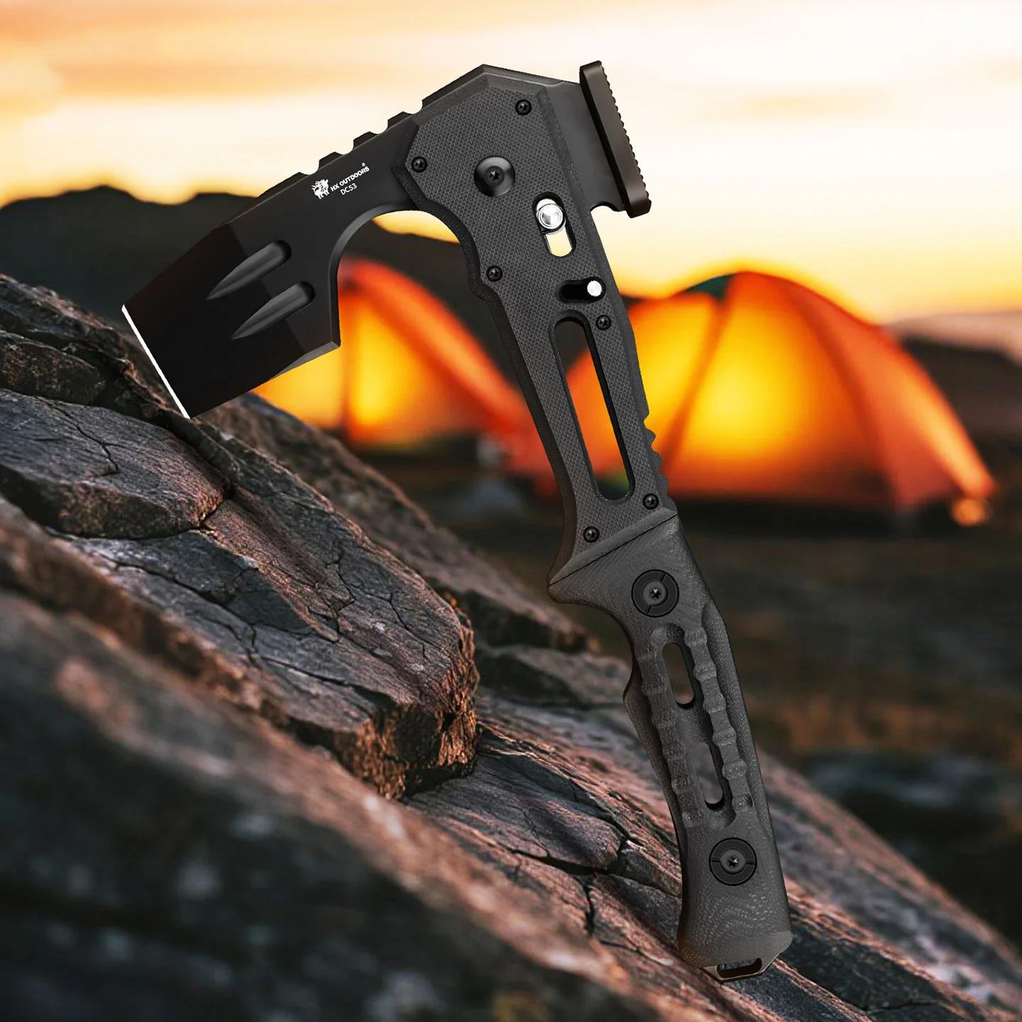 The HX Outdoors DC53 tactical folding axe is designed for portability and reliable performance in outdoor environments. Crafted from durable DC53 steel, it offers strong cutting capability while maintaining a compact, foldable design for easy carry and st 2