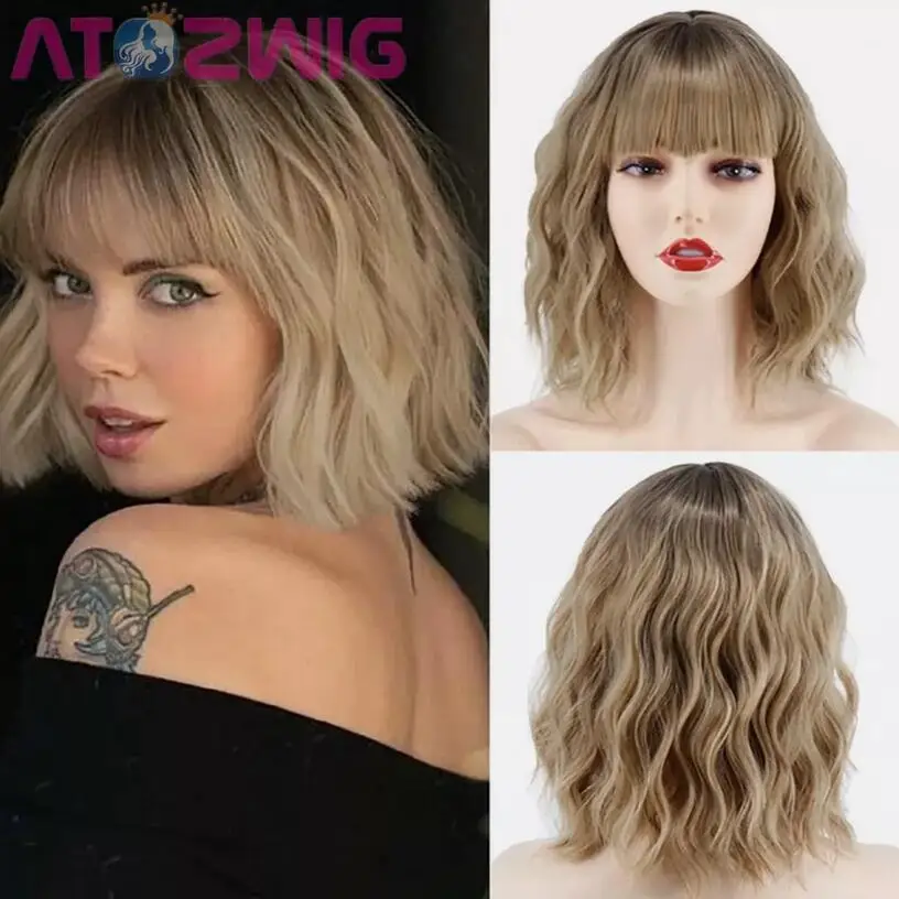 Women Ash Blonde Short Bob Wave Wigs with Bangs Dark Roots Natural Blonde Wigs